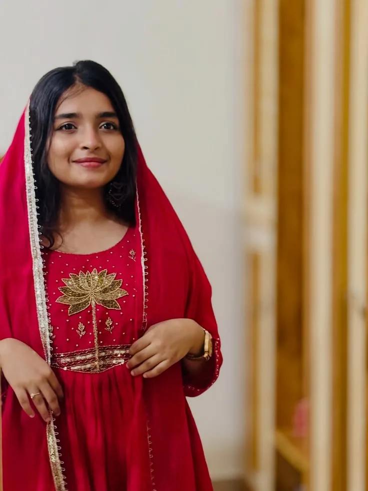 Traditional Red Dupatta Graceful Festive Portrait, Radiant South Asian Beauty in Embroidered Kurti, Elegant Crimson & Go