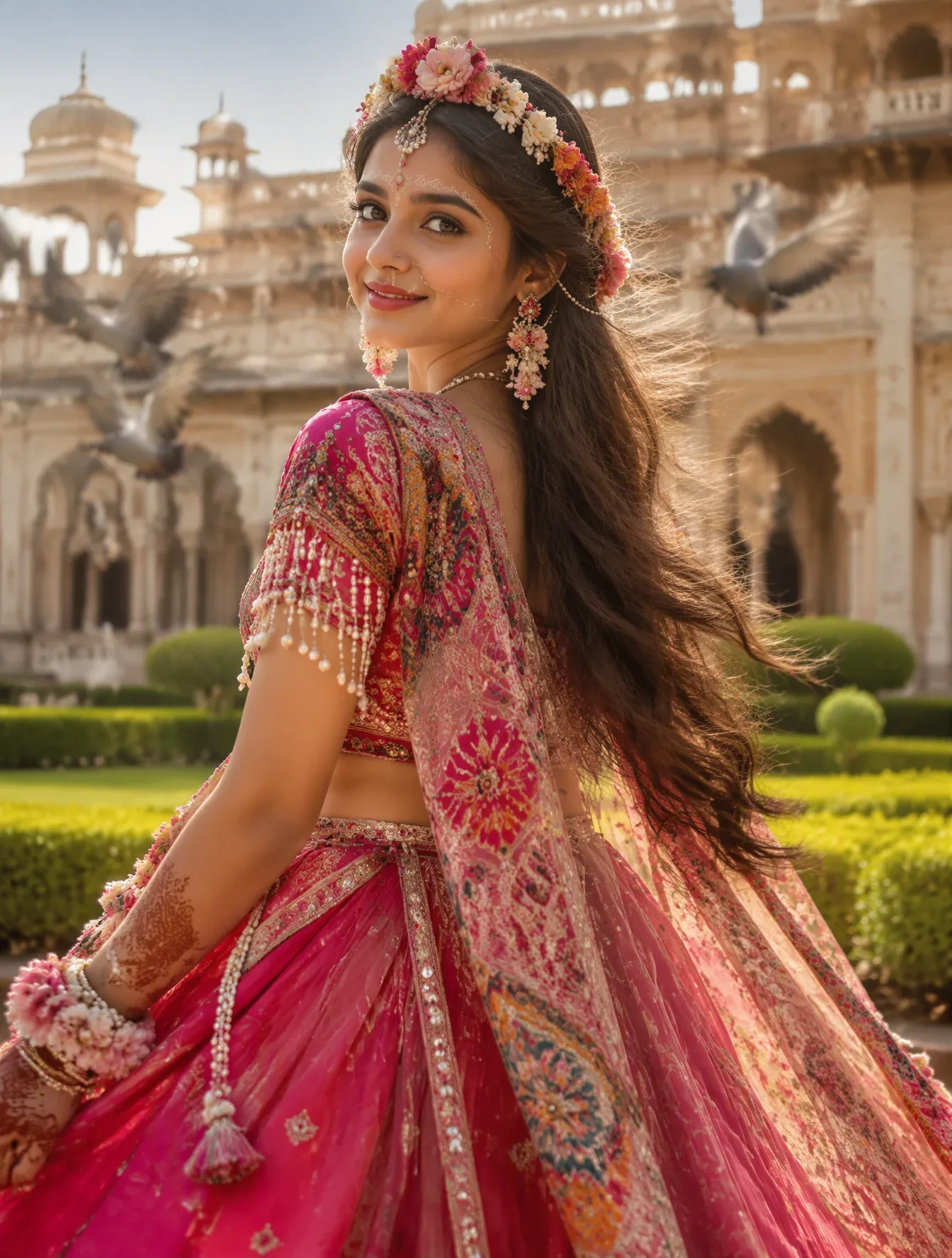 Royal Indian Palace Courtyard Female Portrait in Pink Embroidered Lehenga Prompt