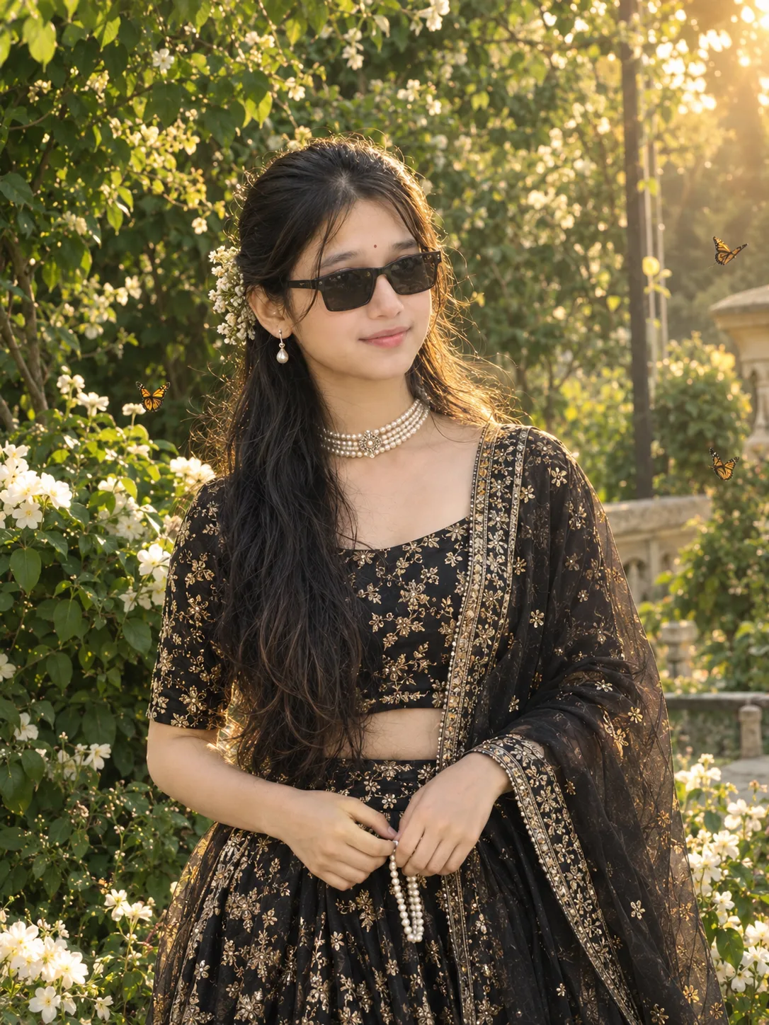 Elegant Black Lehenga Garden Portrait