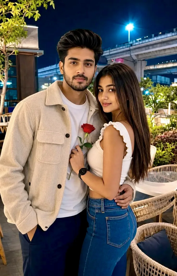 Candid Rooftop Night Portrait of Indian Couple with Red Rose