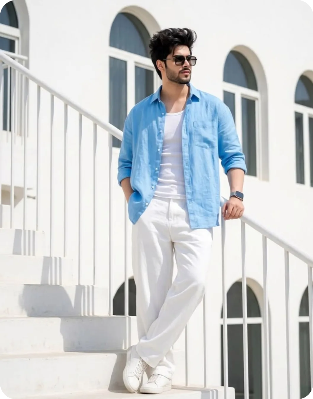 Men’s Summer Fashion Editorial on White Staircase