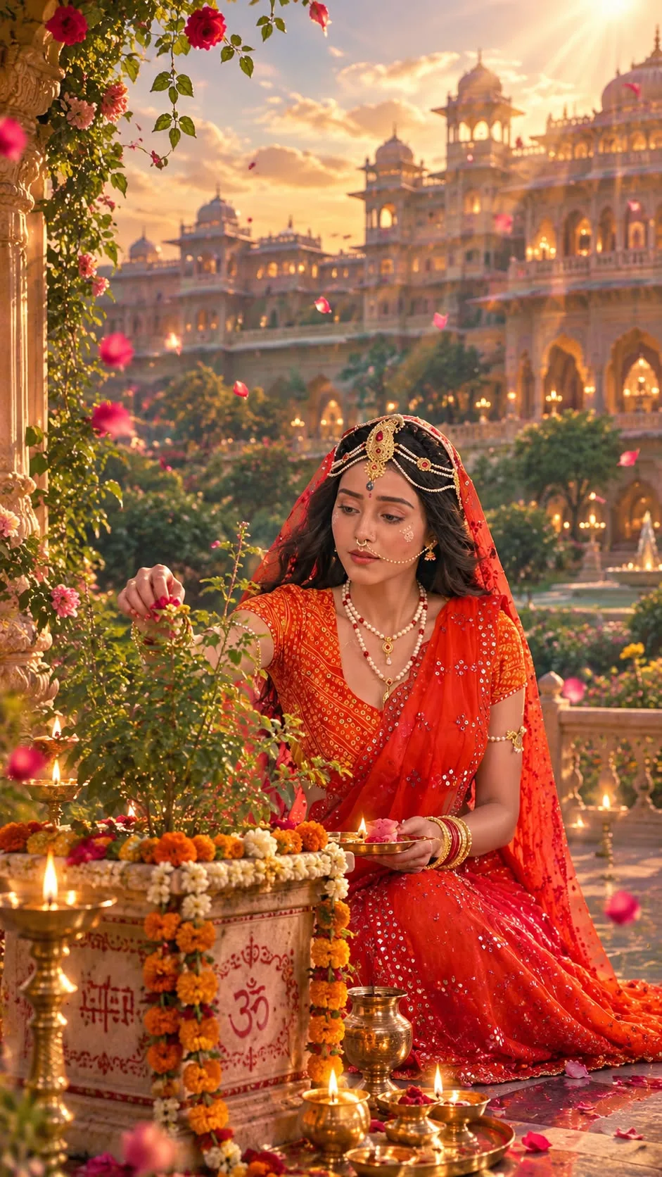 Royal Garden Puja at Sunset — Traditional Indian Goddess