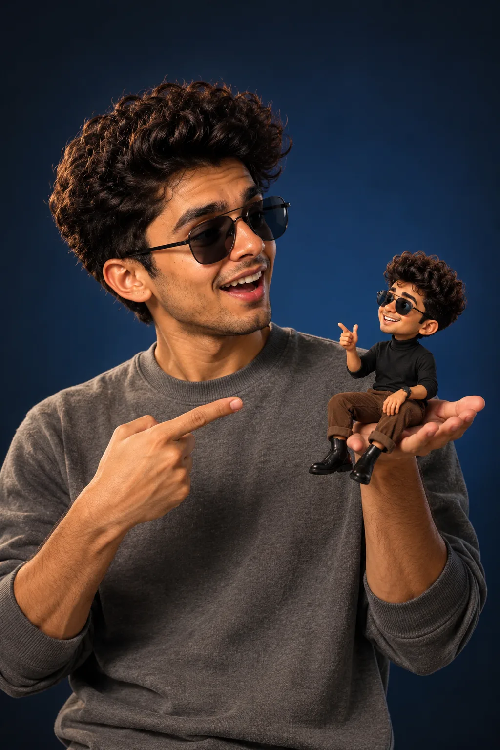 Create a studio portrait blending a real human with a tiny Pixar style 3D cartoon version