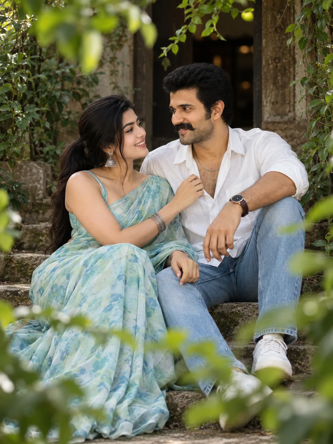 ultra-photoreal romantic couple portrait on stone steps