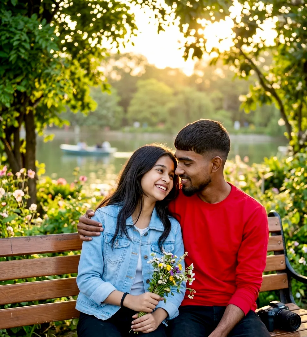 Candid Golden Hour Outdoor Portrait of Young Couple in Park and Overlook