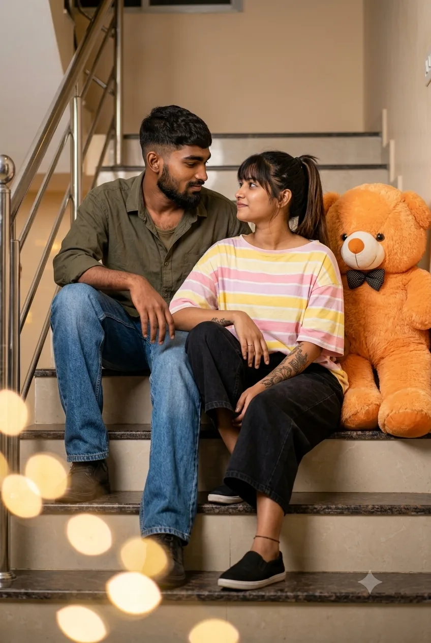 Candid Staircase Portrait of Young Couple Beside Giant Teddy Bear