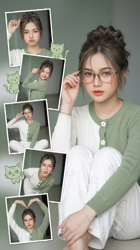 Cute aesthetic polaroid scrapbook collage of a young woman in green and white loungewear with hand-drawn cat doodles