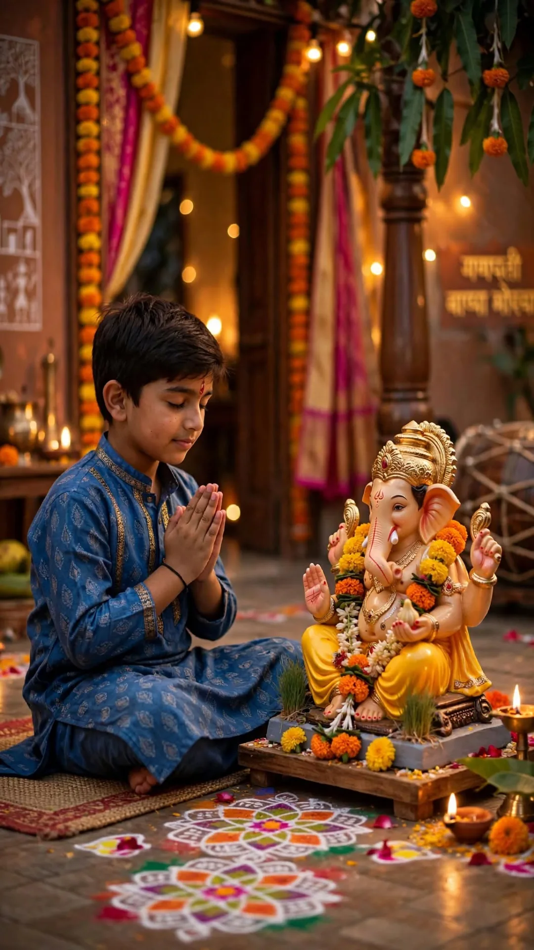 Cute Boy with Ganesh Idol - Ganesh Chaturthi Festive Prayer 9:16