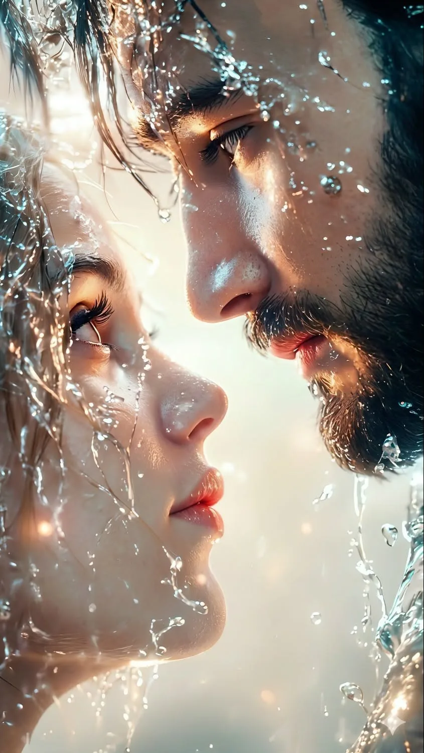 Hyper-Detailed Romantic Water-Splashed Couple Macro Portrait