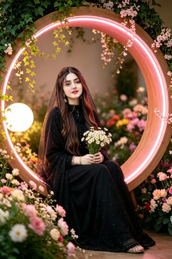 Create an image like thisUltra-realistic portrait of a young South Asian woman sitting gracefully on a minimalist metal