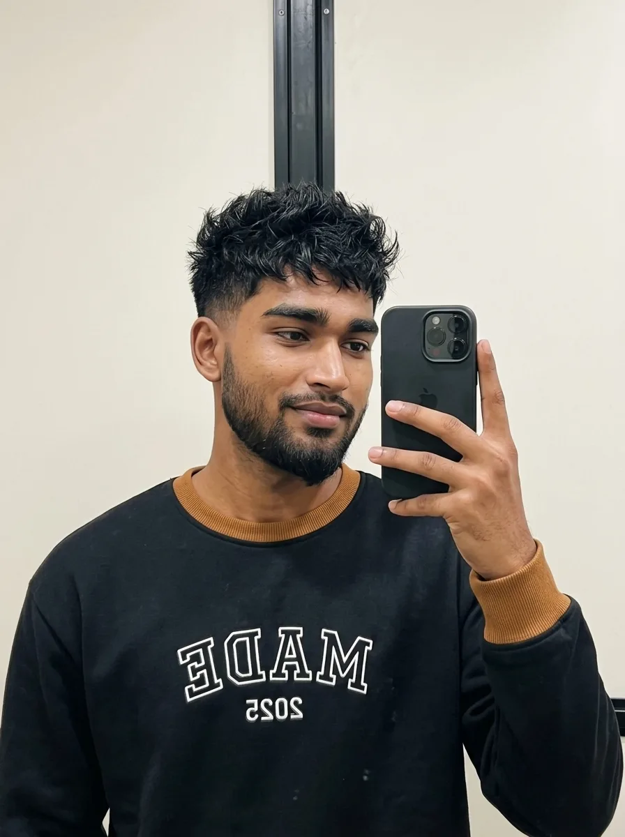 Indoor Mirror Selfie Male Portrait in Black Sweatshirt with Ochre Trim Prompt