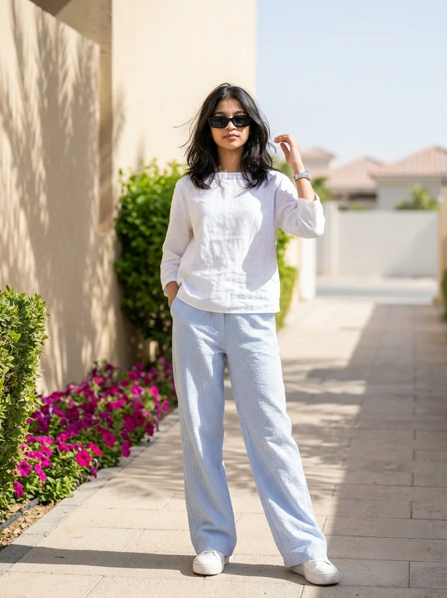 Minimalist Resort Chic Female Portrait in White Linen Top & Seersucker Trousers Prompt