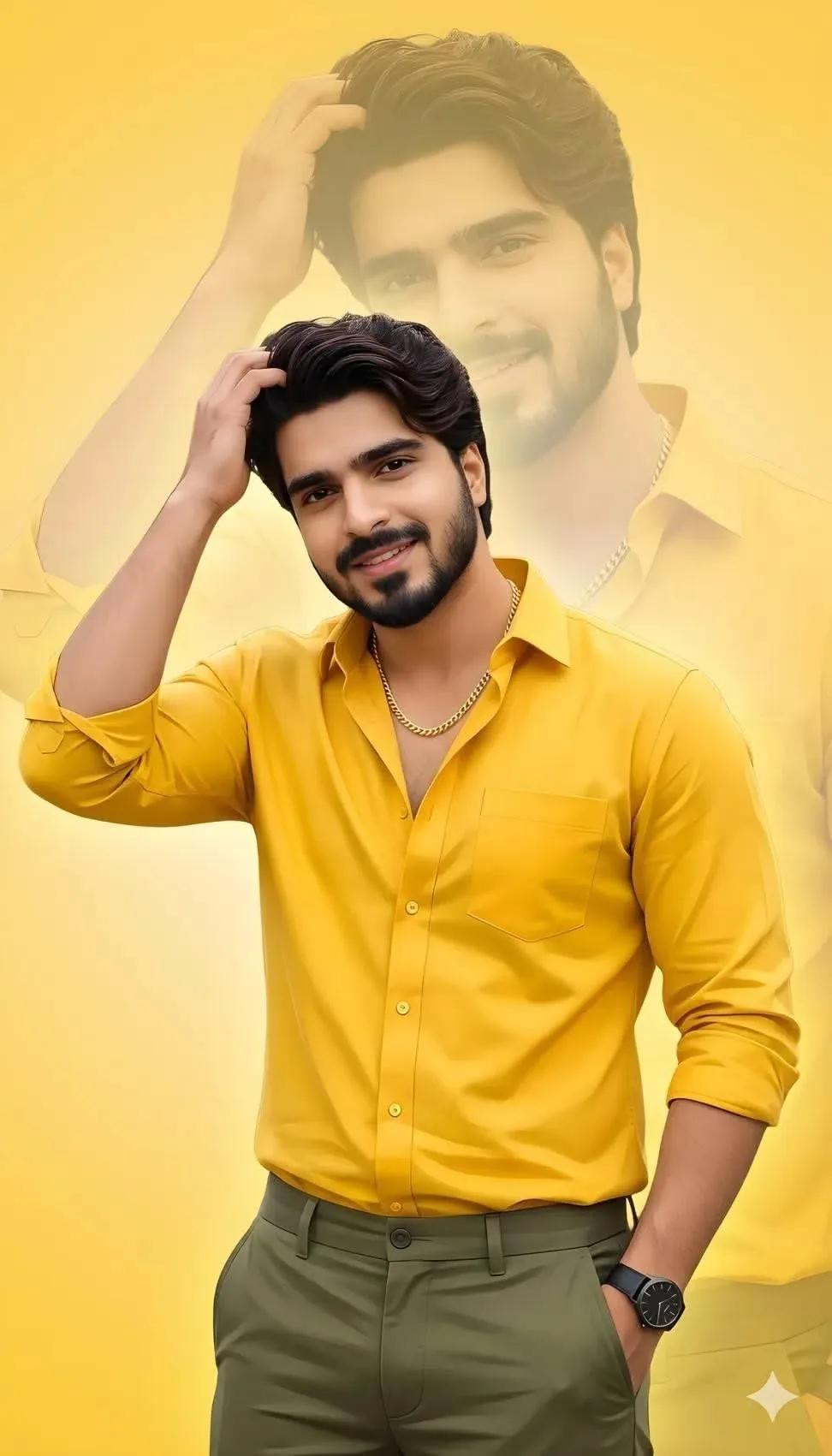 Double-Exposure Studio Portrait in Vibrant Yellow and Olive Tones