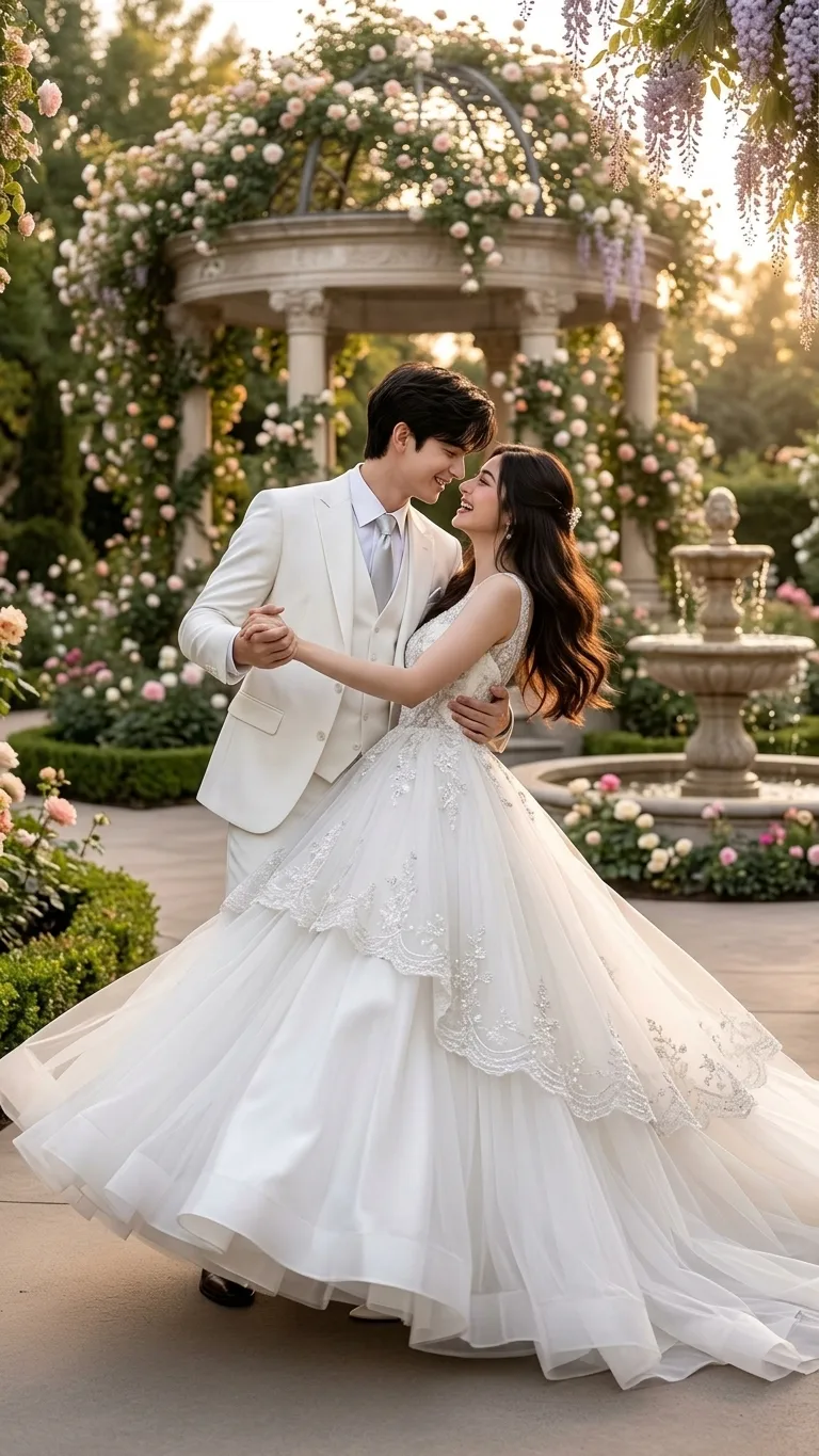 Romantic White Ballgown Twirl in Floral Garden