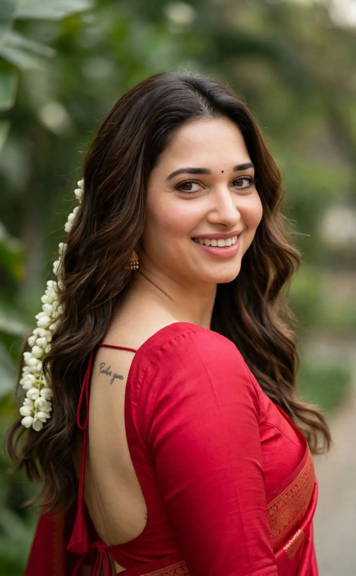 Red Saree Traditional Garden Portrait