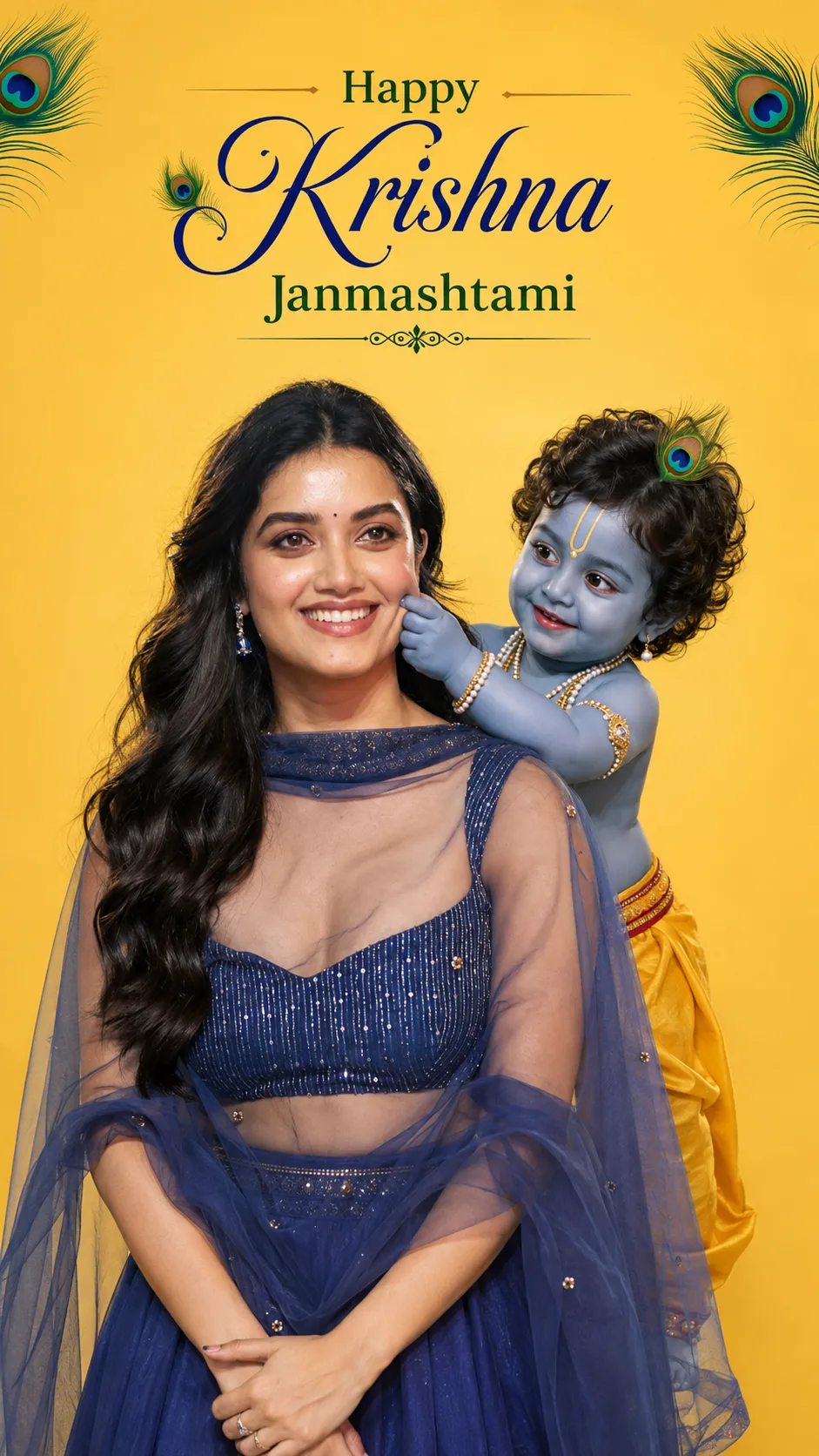 woman with baby krishna playful cheek-pinch
