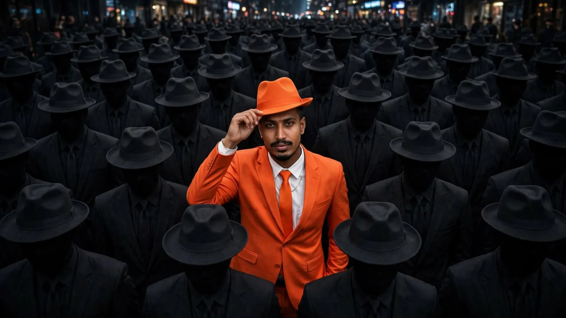 Stand Out Crowd - Man in Orange Suit Cinematic Portrait