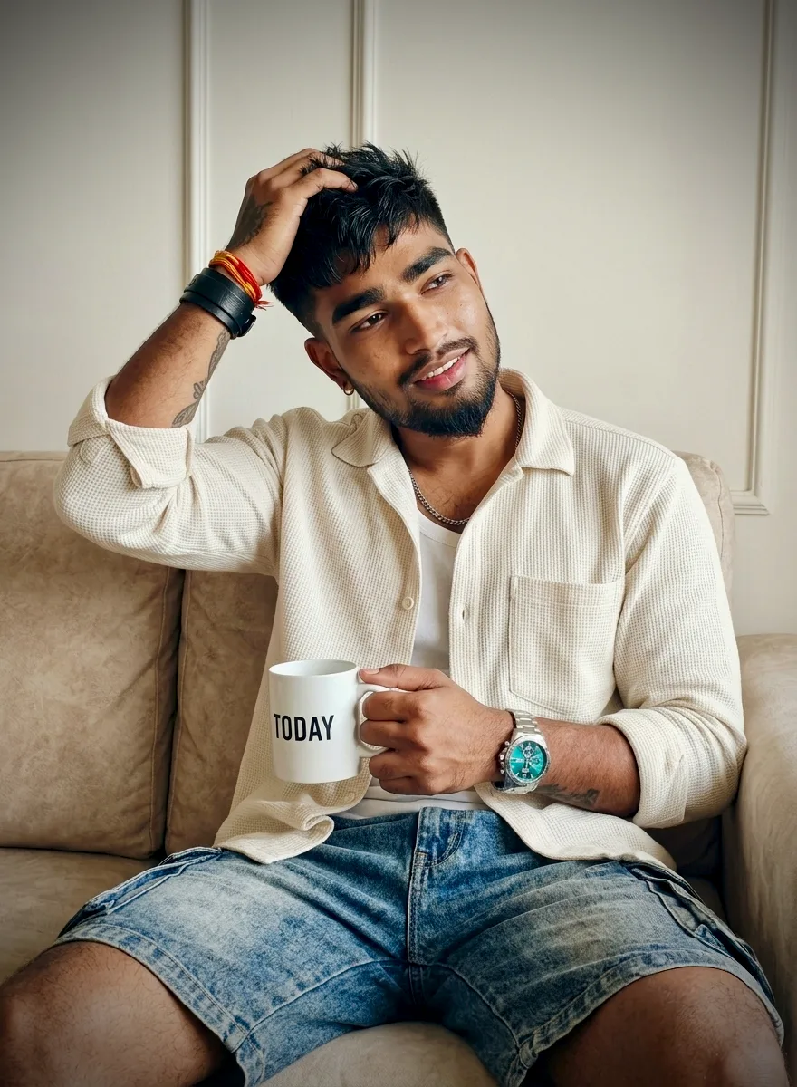 Relaxed Morning Male Portrait Holding Coffee Mug on Sofa Prompt