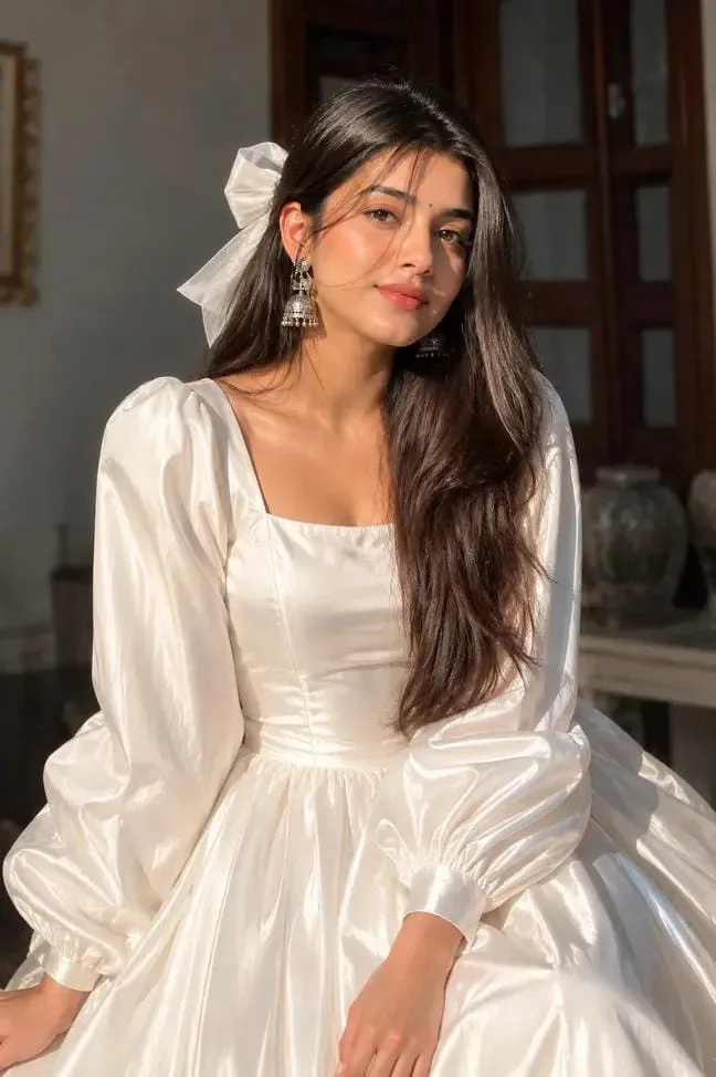 Elegant White Satin Dress Indoor Portrait