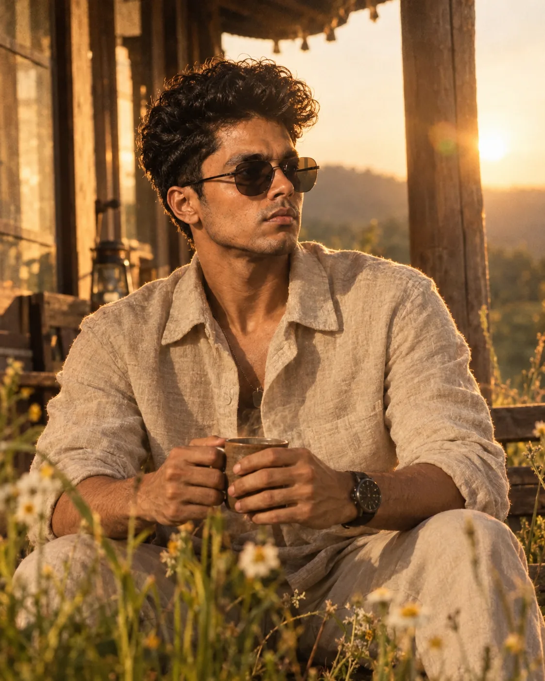 Warm candid lifestyle photography of a young man in a soft beige linen shirt sitting on a wooden porch