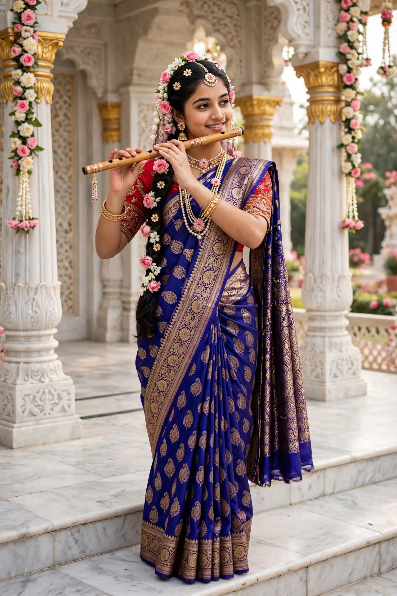 Divine Radha Playing Flute in Temple
