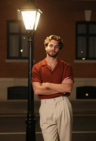 Handsome young man by glowing vintage street lamp on an urban night