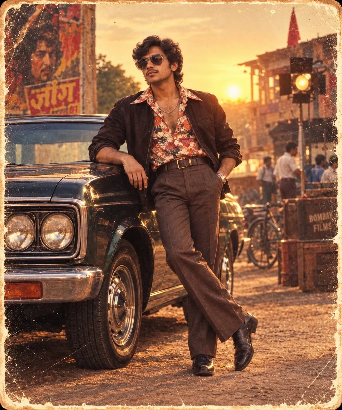 Vintage 1970s Bollywood Hero Portrait Leaning on Classic Car at Sunset Prompt