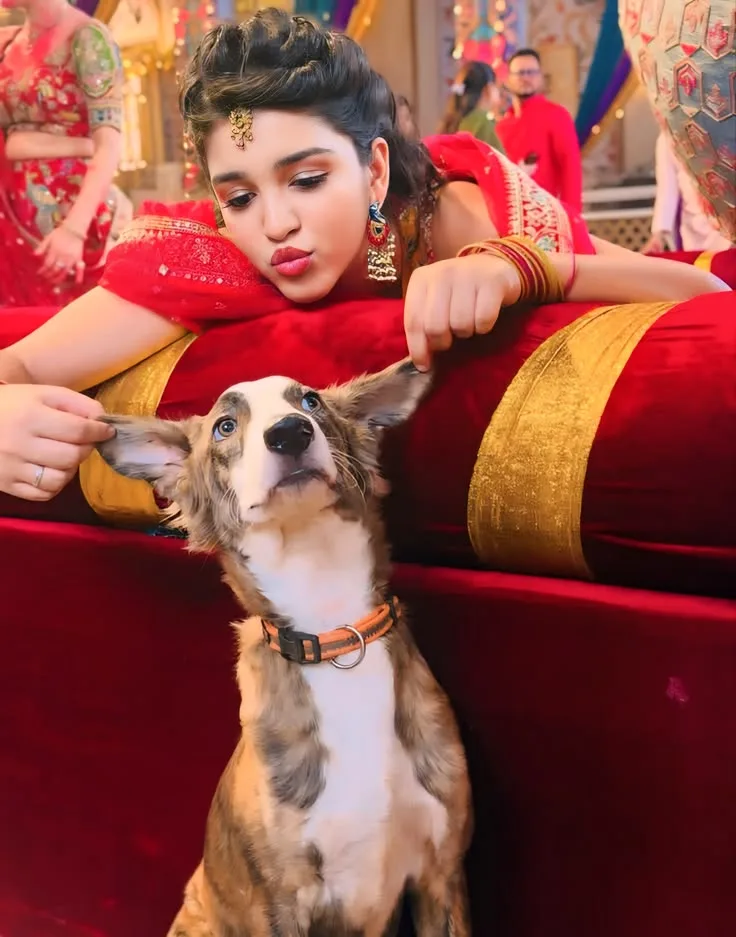Traditional Bride Playing with a Puppy