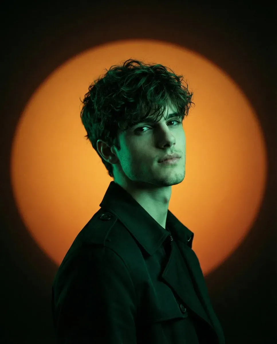 minimalist cinematic fashion-editorial studio portrait with dramatic colored-gel lighting