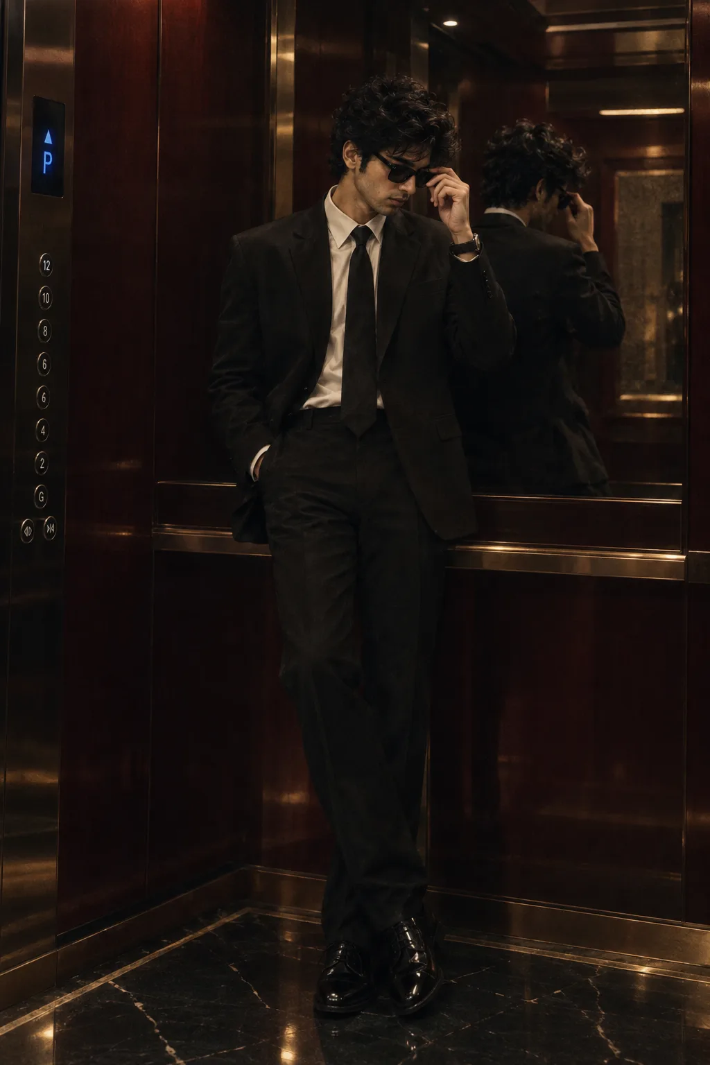Stylish man standing in a luxurious elevator