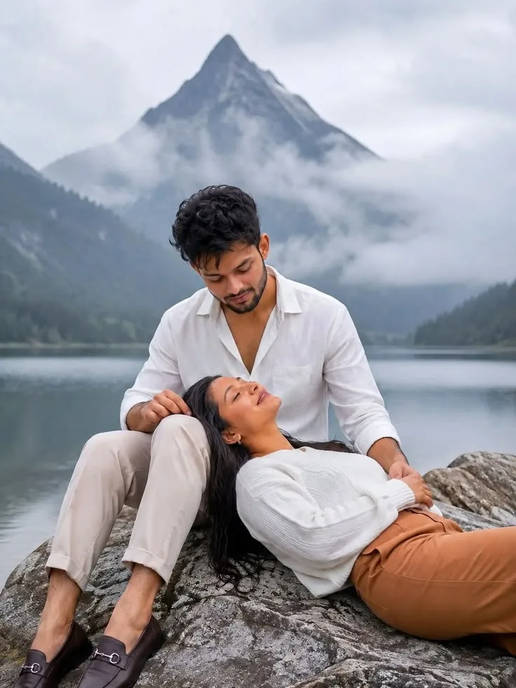 Romantic Mountain Lake Couple Portrait on Rocky Shore