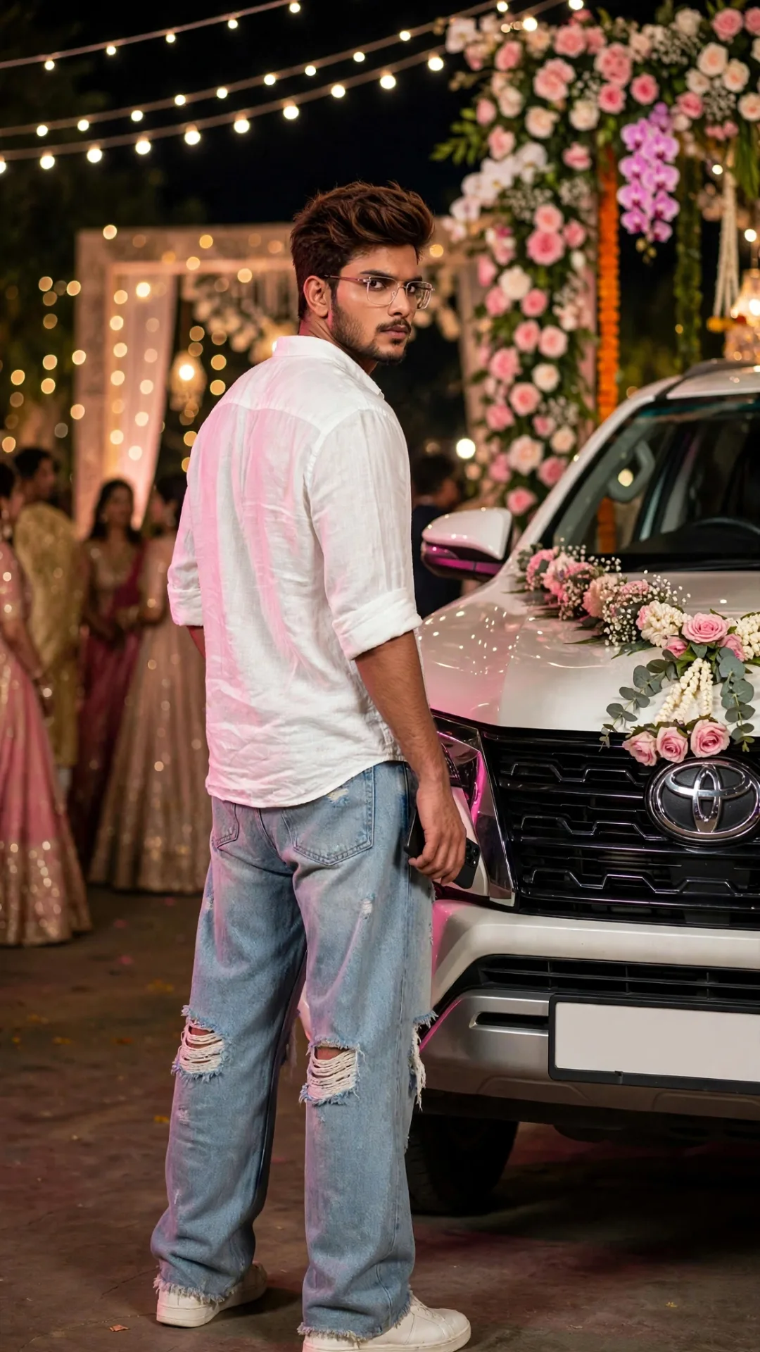 Cinematic Night Wedding Portrait - Guy in White Shirt Leaning on Flower Decorated Toyota Fortuner
