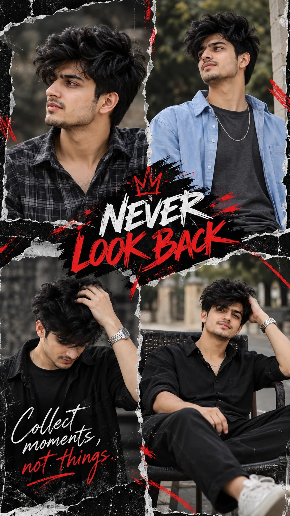 professionally photographed, high-end men's fashion editorial collage designed