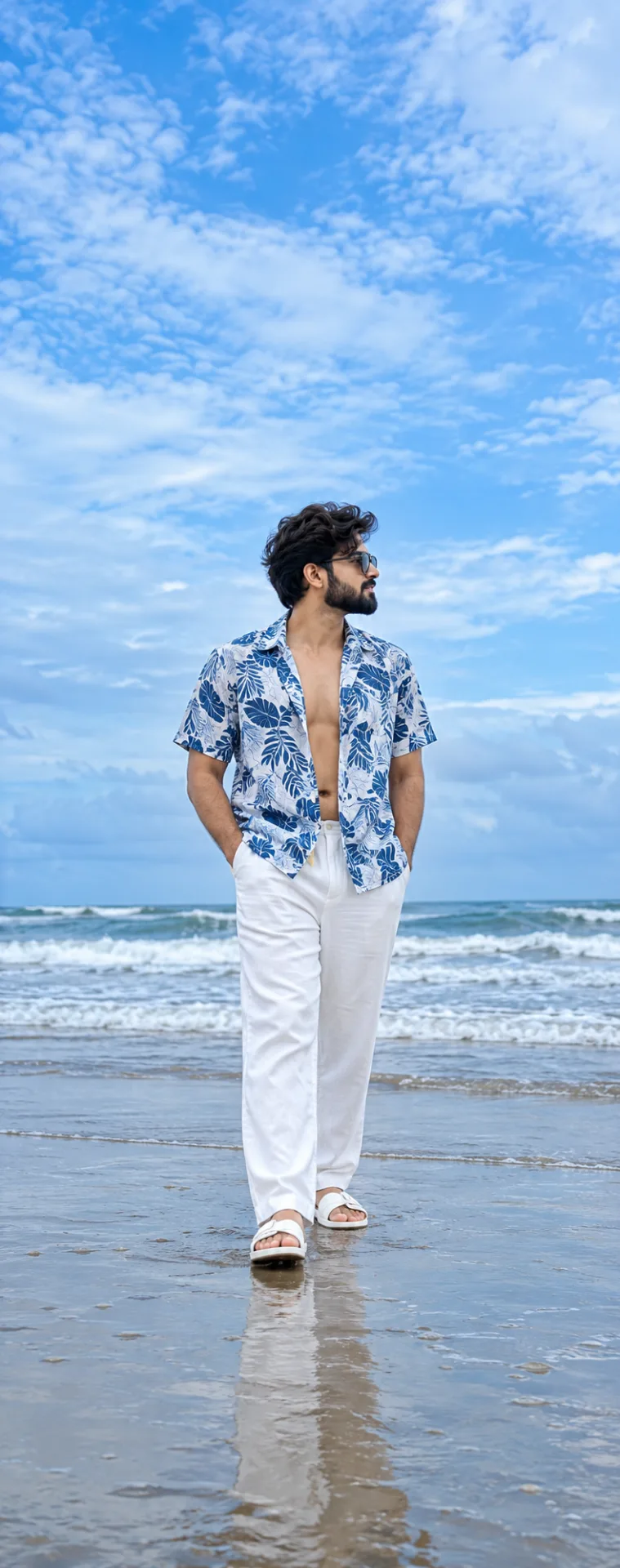 Men’s Beach Fashion Outfit | Blue Printed Shirt & White Pants | Summer Coastal Vibes