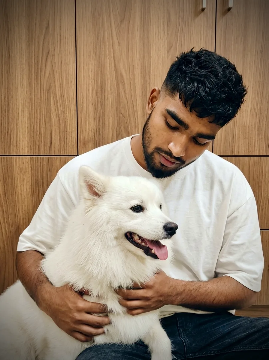 Heartwarming Indoor Male Portrait with Fluffy White Indian Spitz Dog Prompt