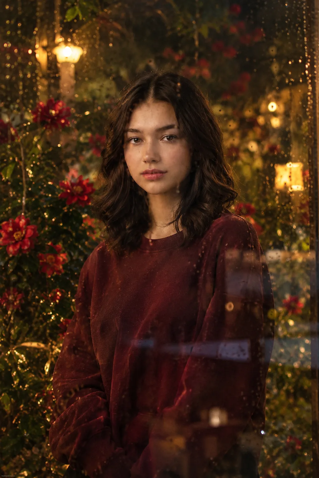Dreamy cinematic nighttime portrait of a beautiful girl