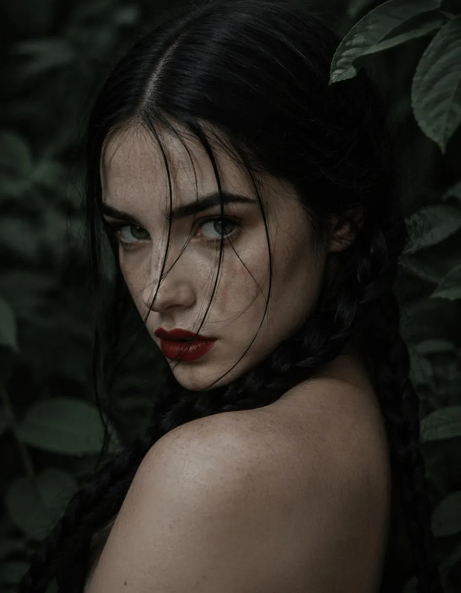 Intense Gaze: Moody Portrait of a Braided Beauty in Darkness