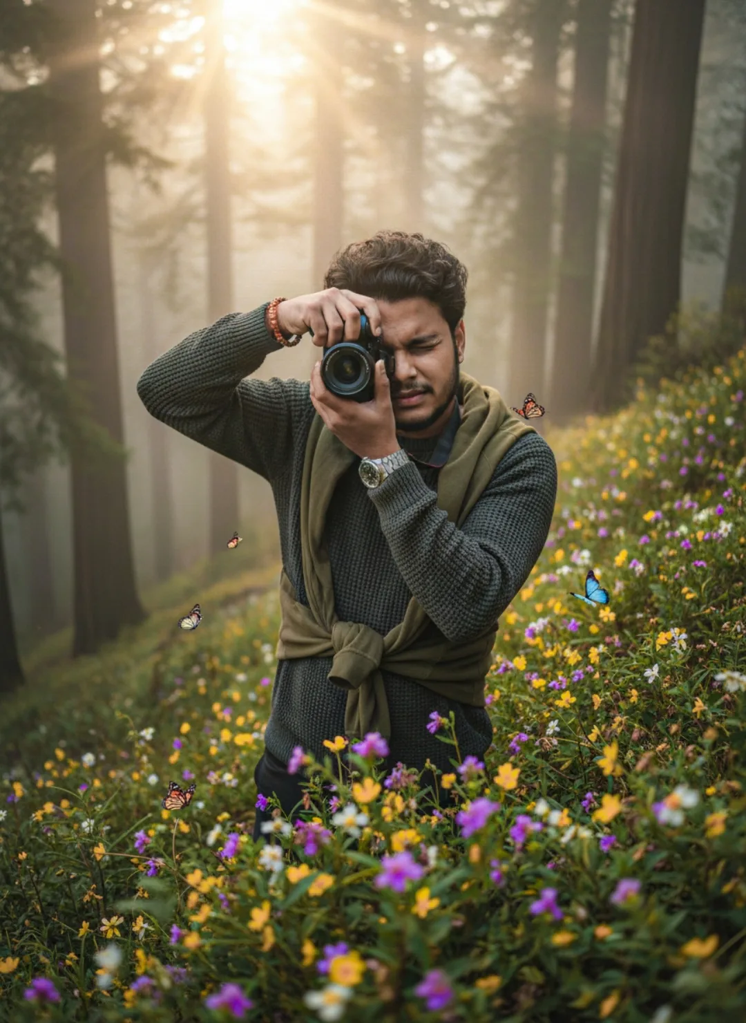 Forest Photographer Amidst Wildflowers and Butterflies