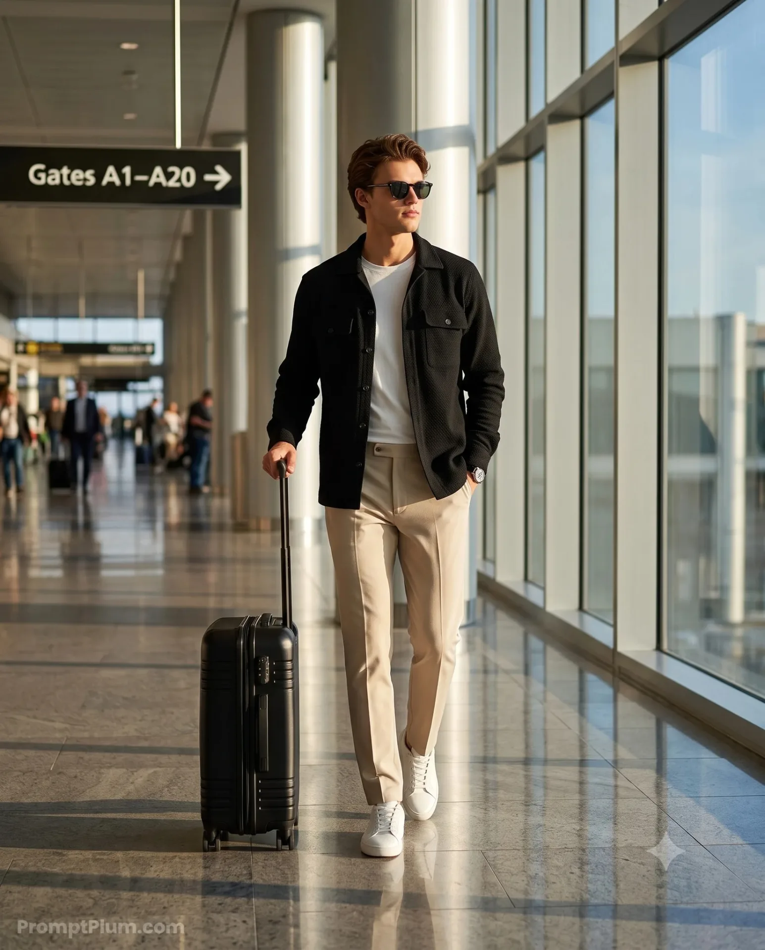 Man Walking with Luggage in Airport Terminal.