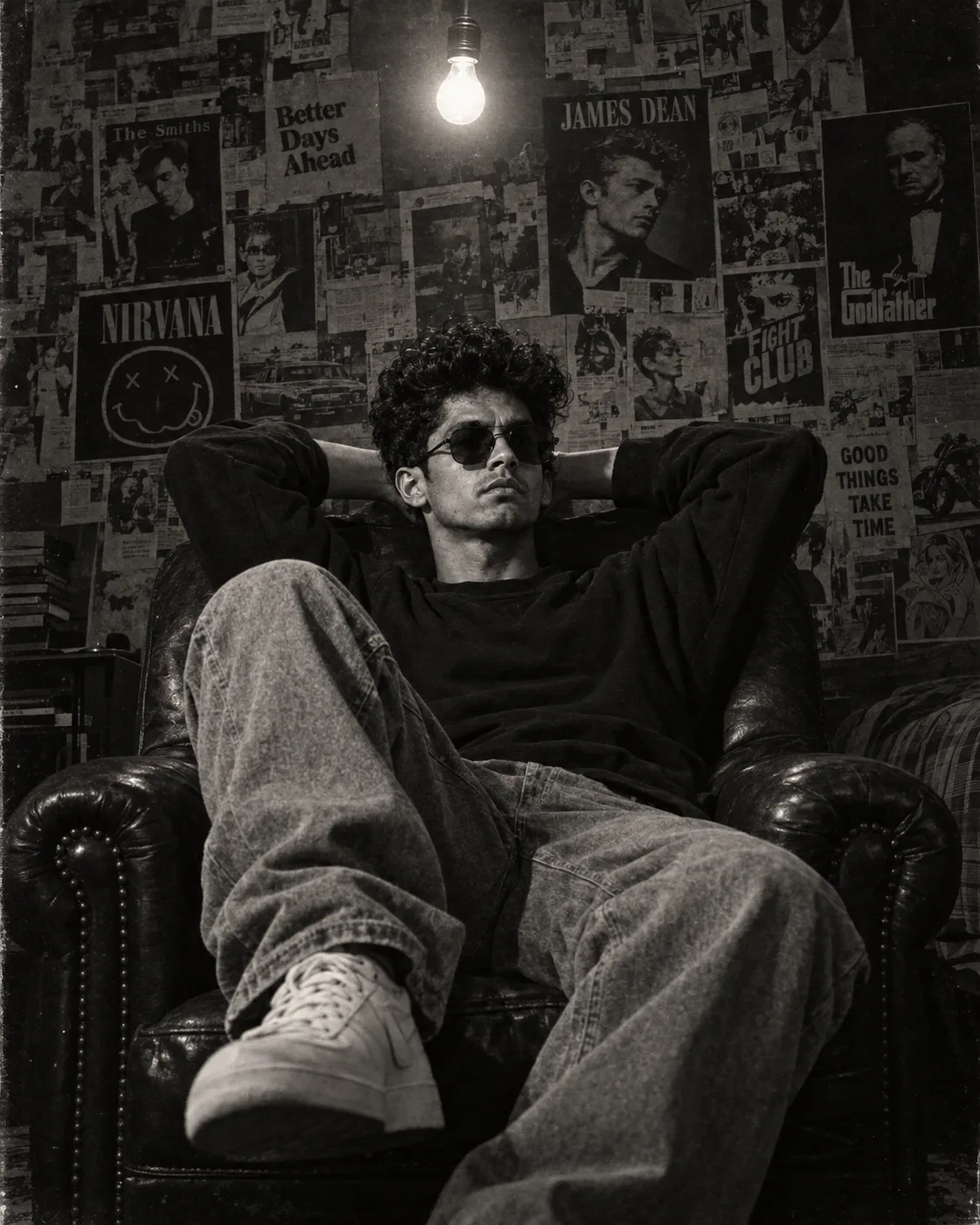 Create an ultra realistic cinematic black and white editorial photograph of a young man