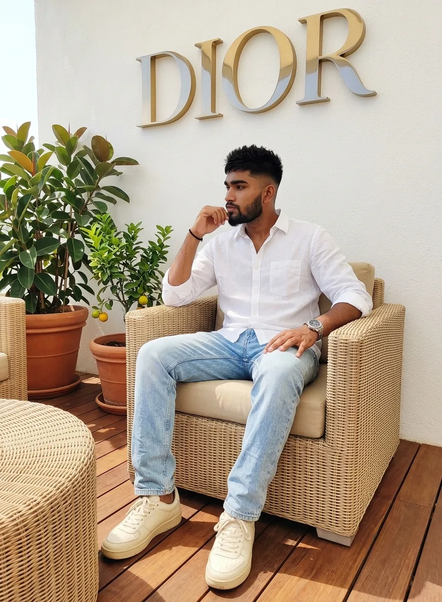 Luxury Lifestyle Male Portrait in Wicker Armchair beneath Golden Dior Sign Prompt