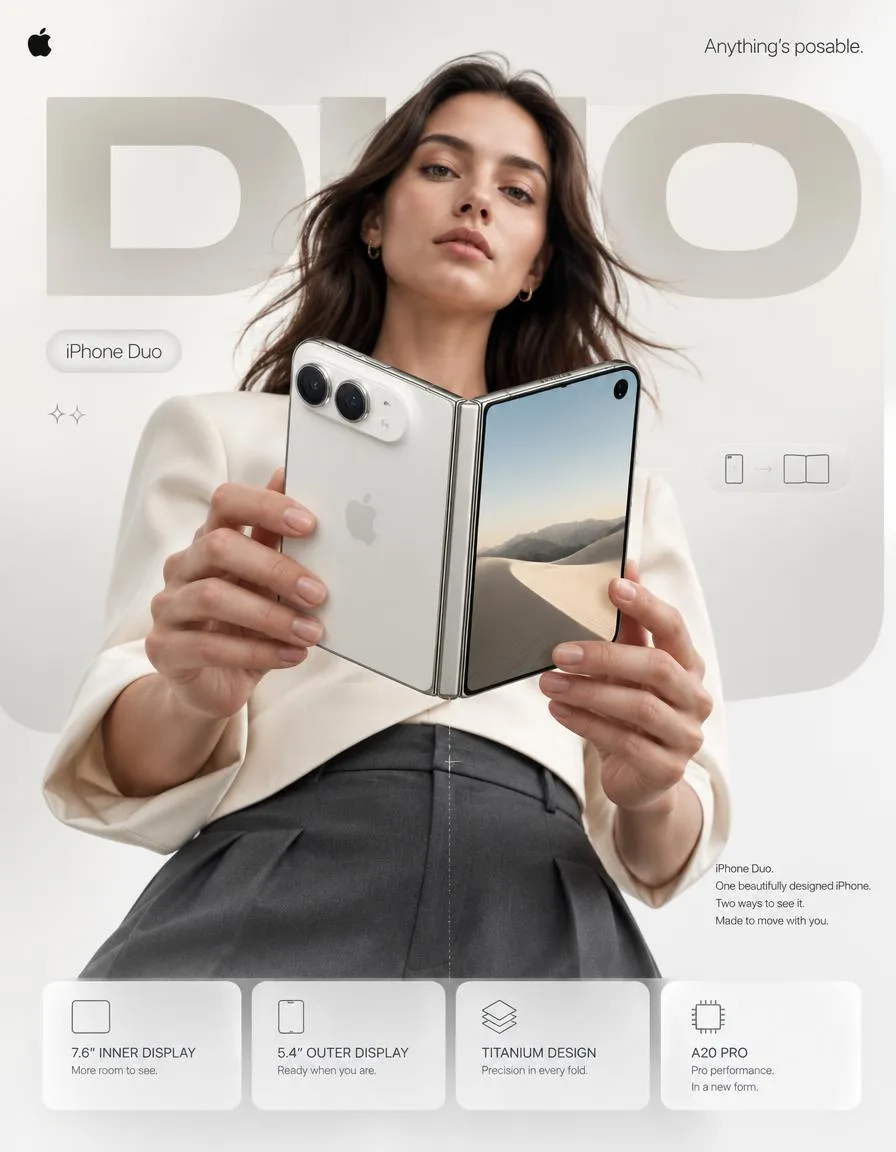 Futuristic Apple Foldable iPhone Duo Commercial Poster Female Portrait Prompt