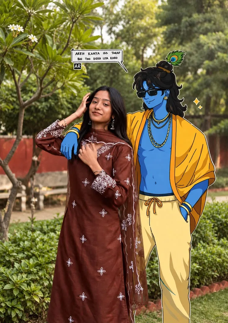 Modern Krishna & Girl – Real Life Meets Cartoon 💙✨