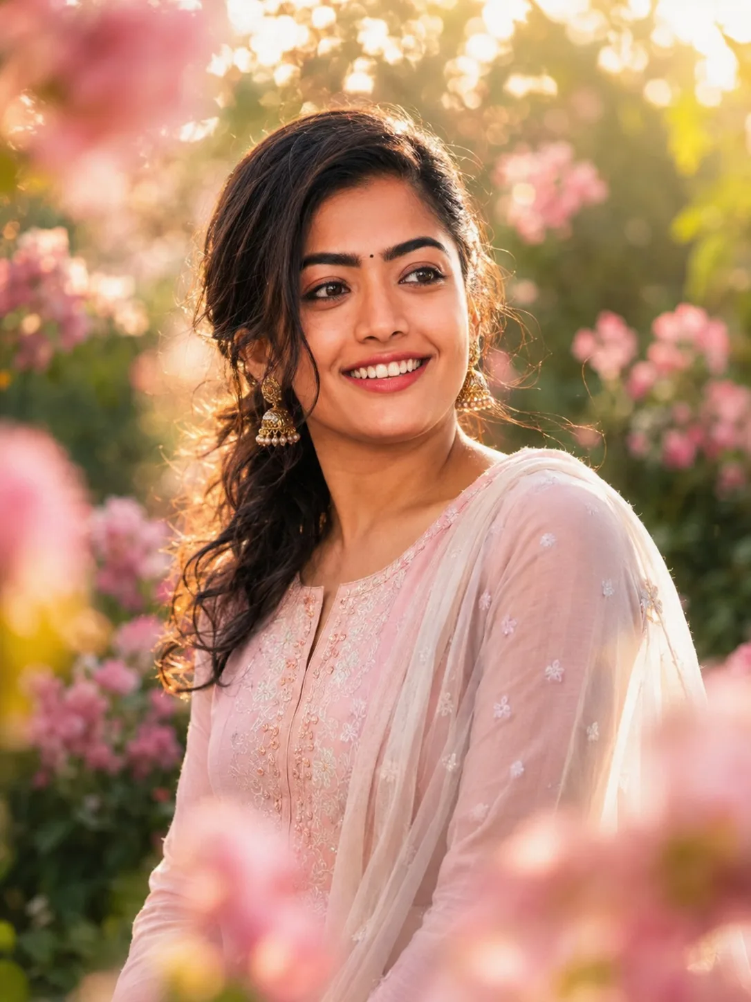 portrait of young indian woman in dreamy flower garden