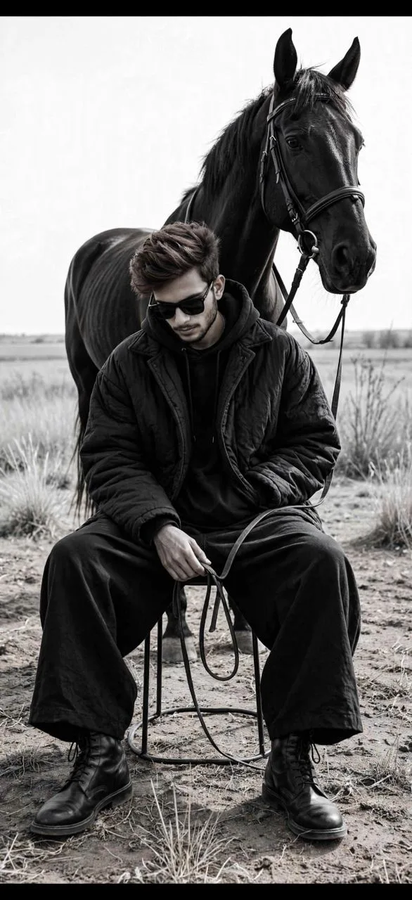 Black Horse Cowboy Aesthetic - Moody Black and White Portrait