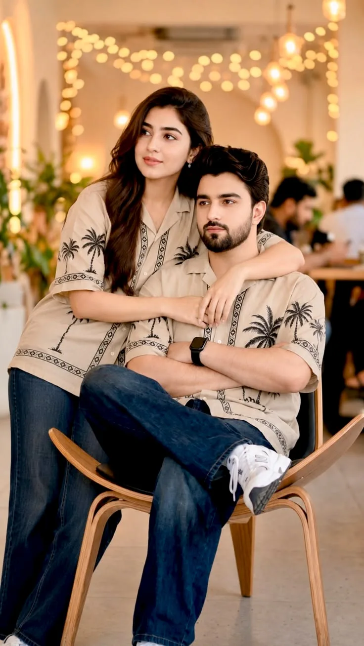 Candid Cafe Portrait of Couple in Matching Palm Print Shirts