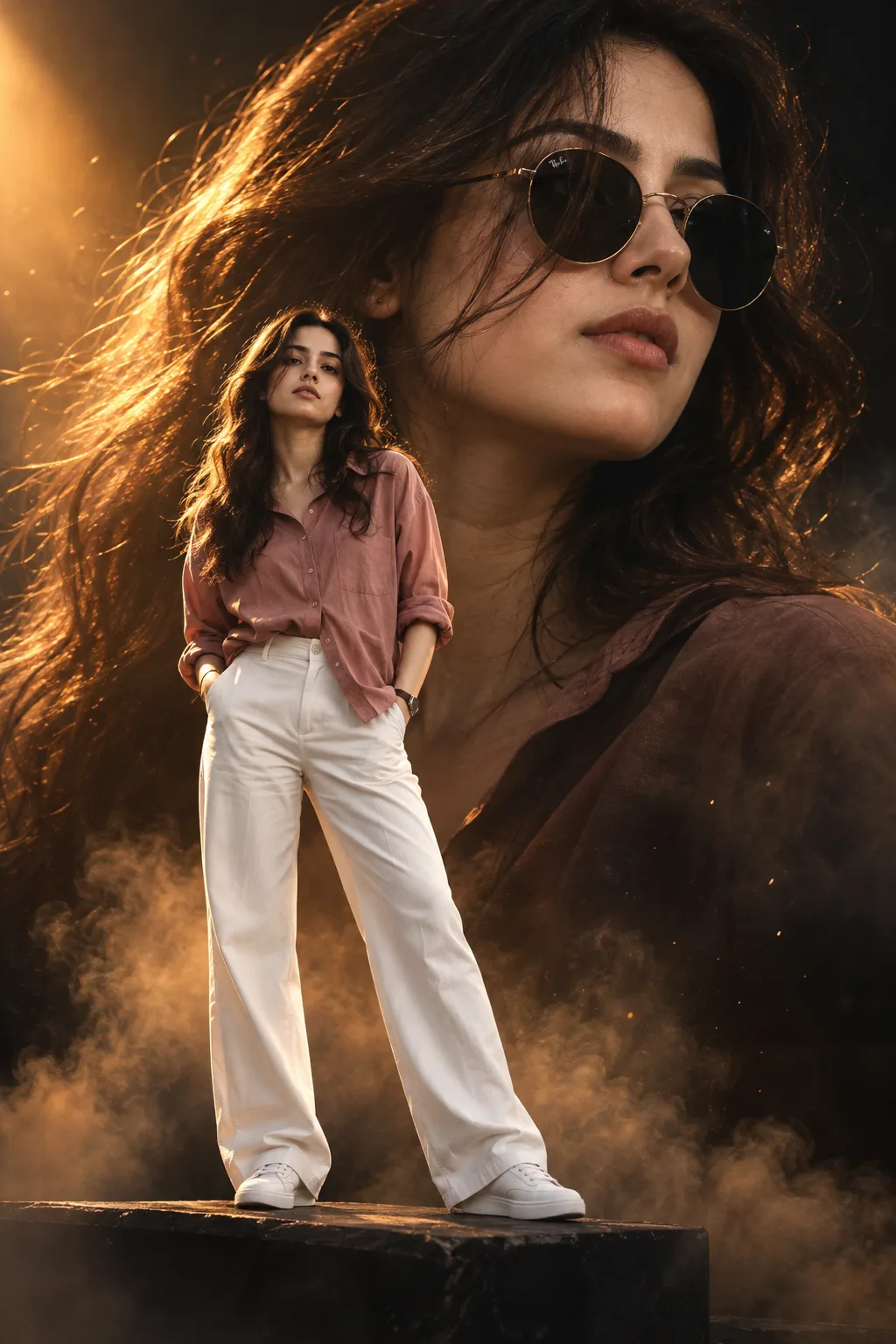Ultra realistic high fashion cinematic double exposure portrait of a beautiful young woman
