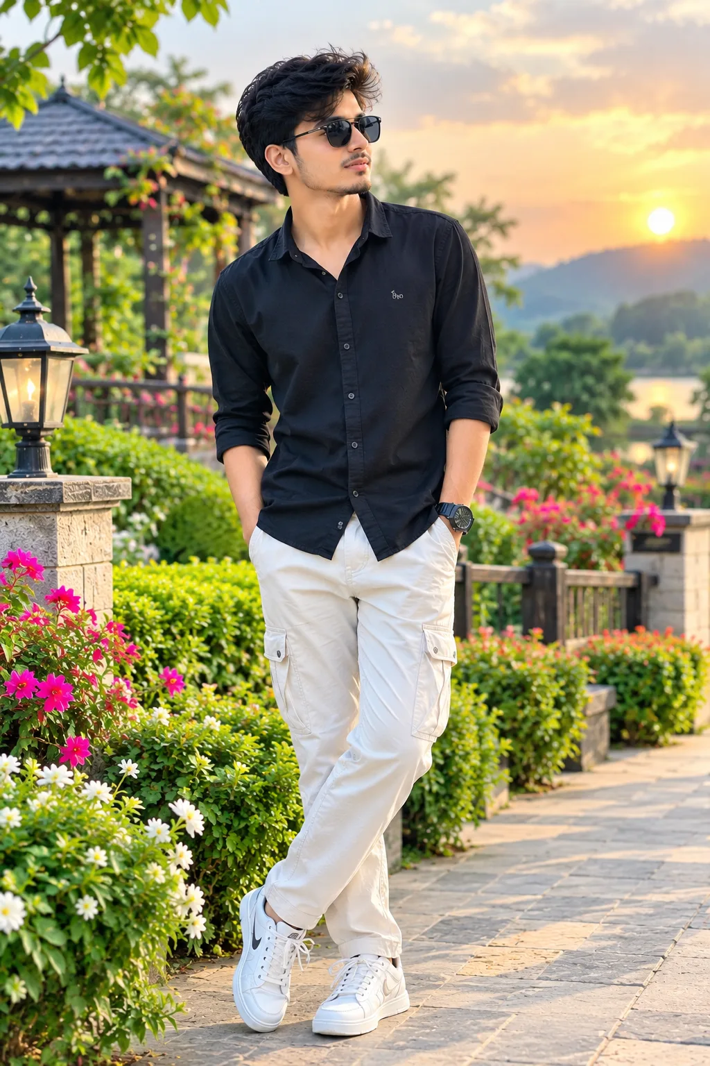 Stylish Young Man in a Beautiful Garden