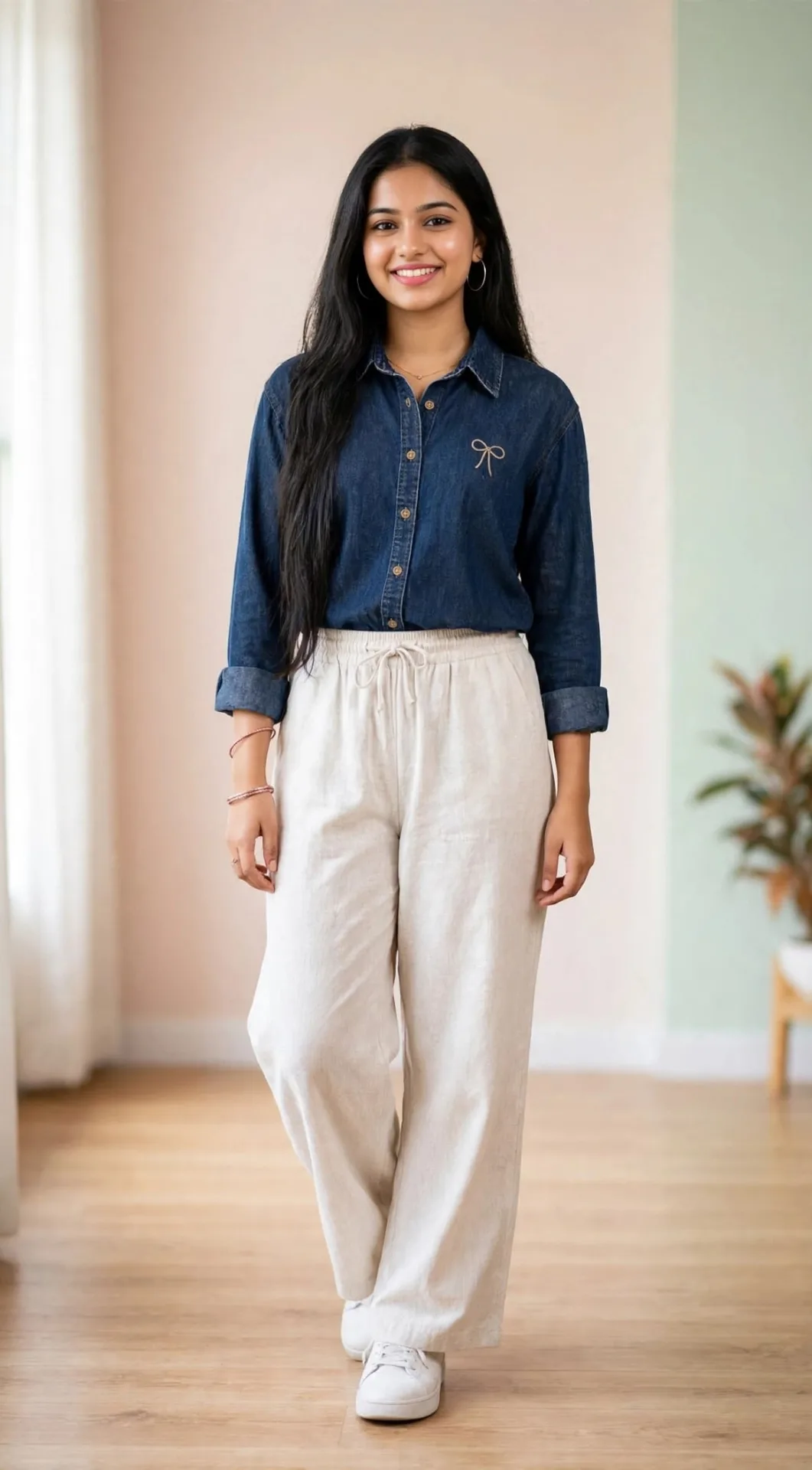 Realistic Denim Shirt & Cream Pants Fashion Portrait Prompt