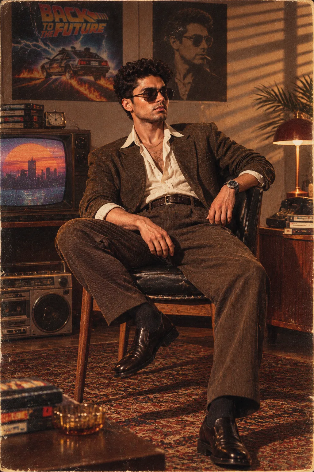 Create a ultra realistic cinematic 1980 retro editorial potrait of a stylish young man
